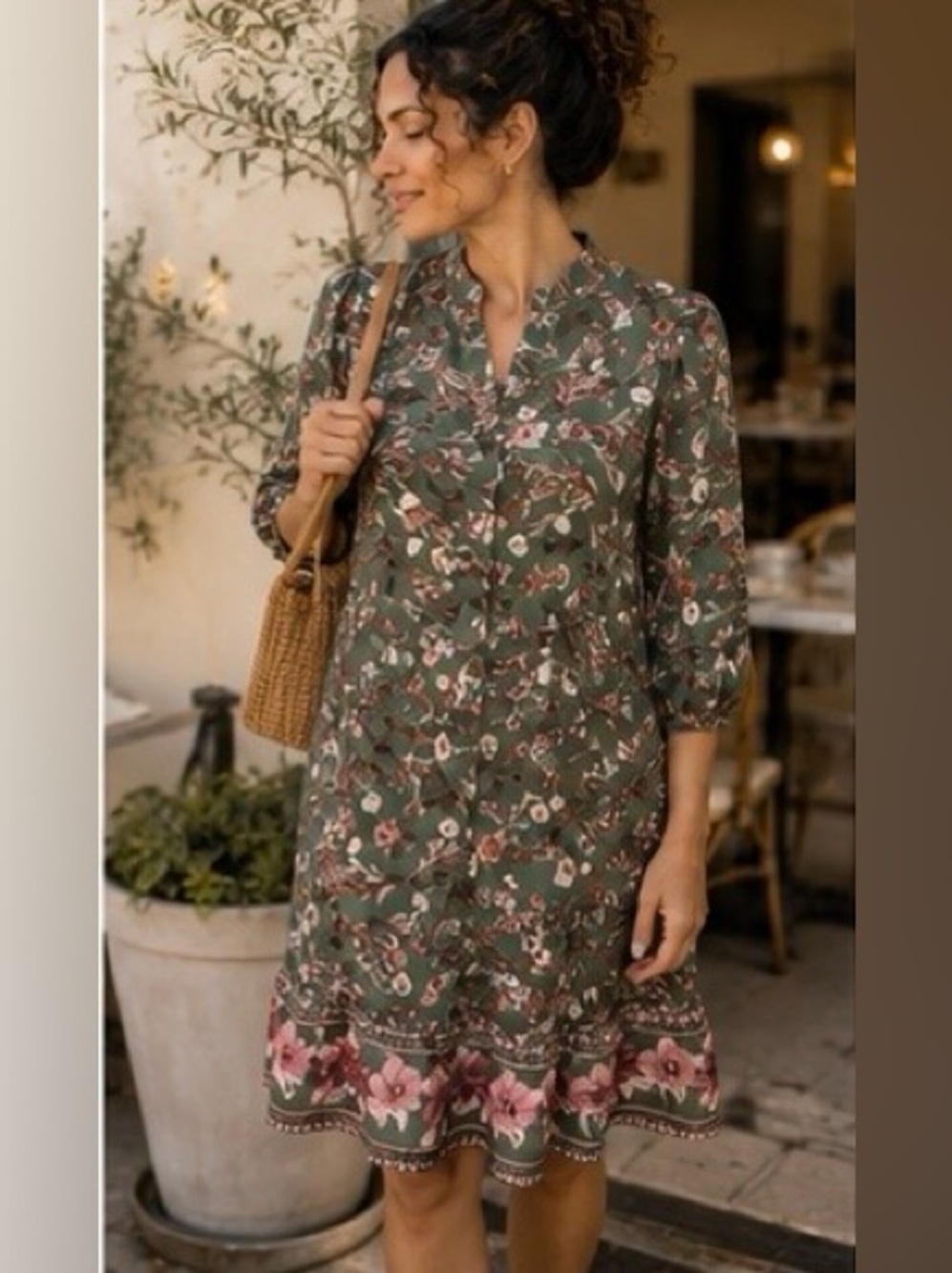 Joie Floral Long Sleeve Button Front Dress Size 8 Green Pink Boho Midi